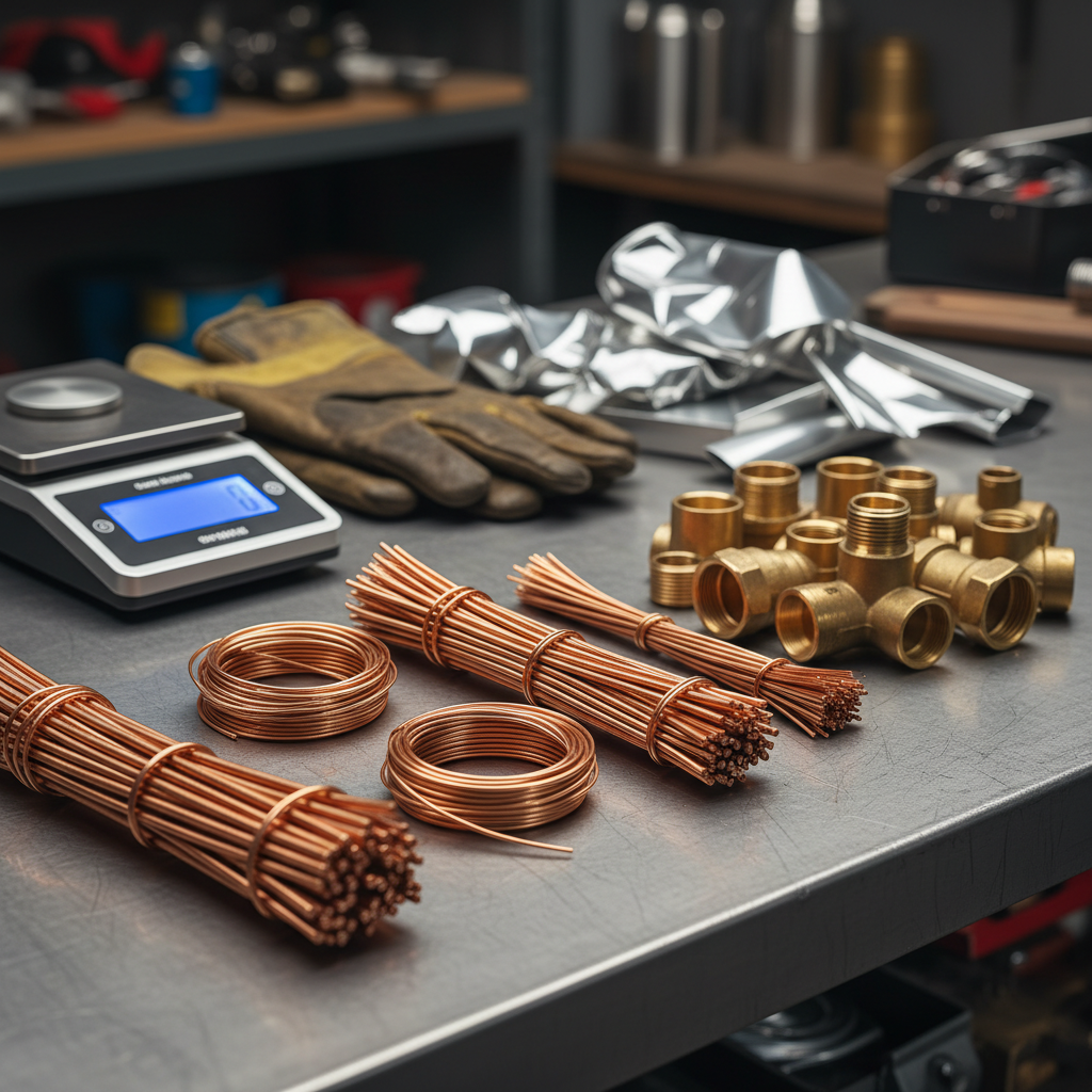 Close-up of sorted non-ferrous scrap: stripped copper wire bundles, brass fittings, and aluminum pieces on a steel table with a handheld scale, illustrating how to prepare metals for better scrap prices today