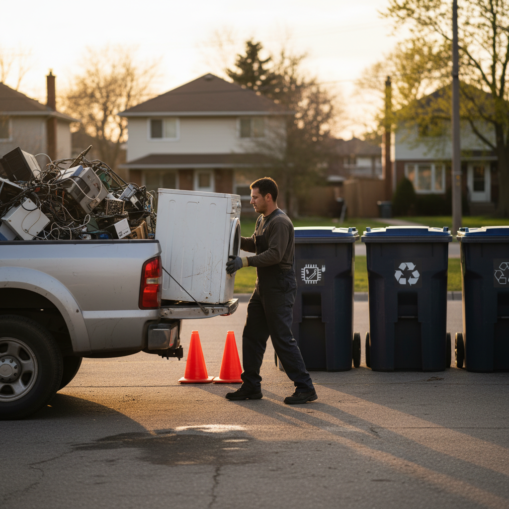 Customer unloading an old washer and e-waste at a clean recycling drop-off bay in Etobicoke, showing organized bins and quick service for scrap prices today