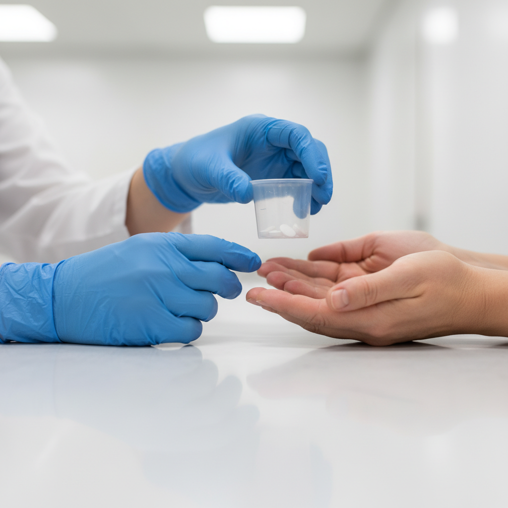 Close-up of clinician handing a medication cup during methadone program intake at an Ontario clinic
