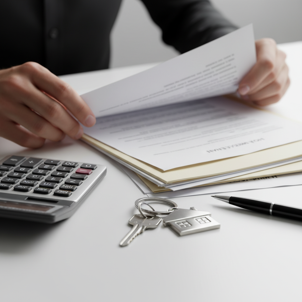 Close-up of organized mortgage paperwork with calculator and house keyring, illustrating the mortgage brokerage application process