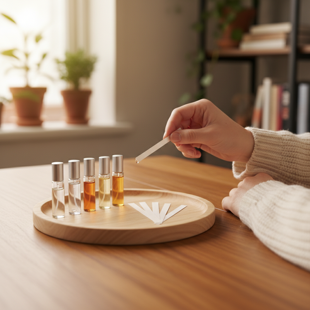 Discovery set with sample vials and blotter strips used to test perfume and cologne at home
