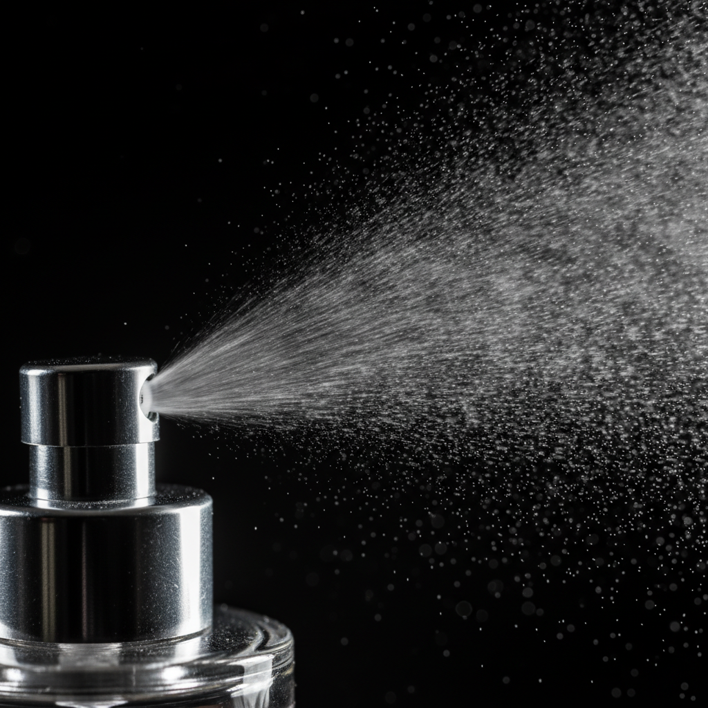Close-up of a perfume atomizer spraying a fine mist, illustrating perfume & cologne application technique and projection
