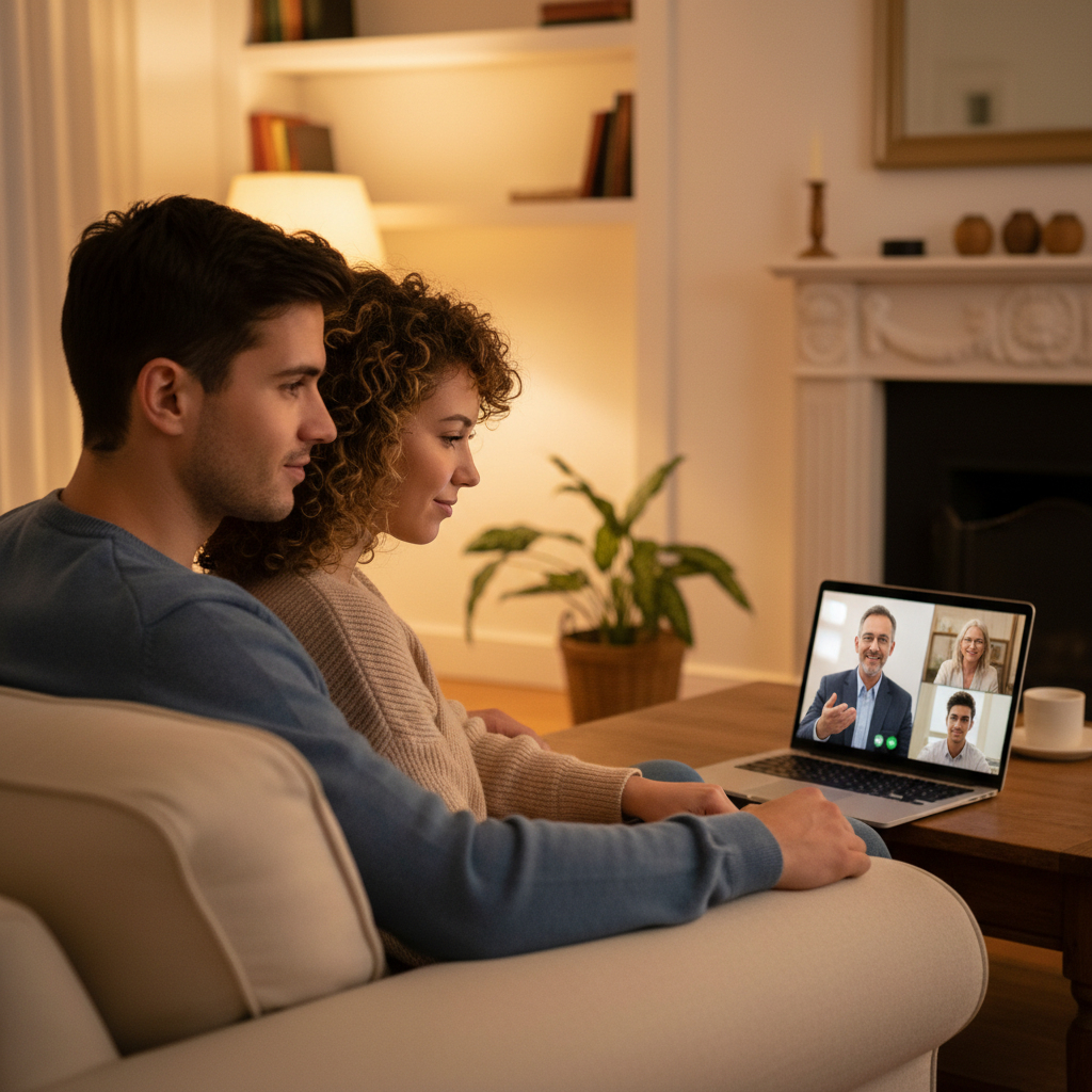Couple on a video call with a mortgage broker, demonstrating digital home loan application support