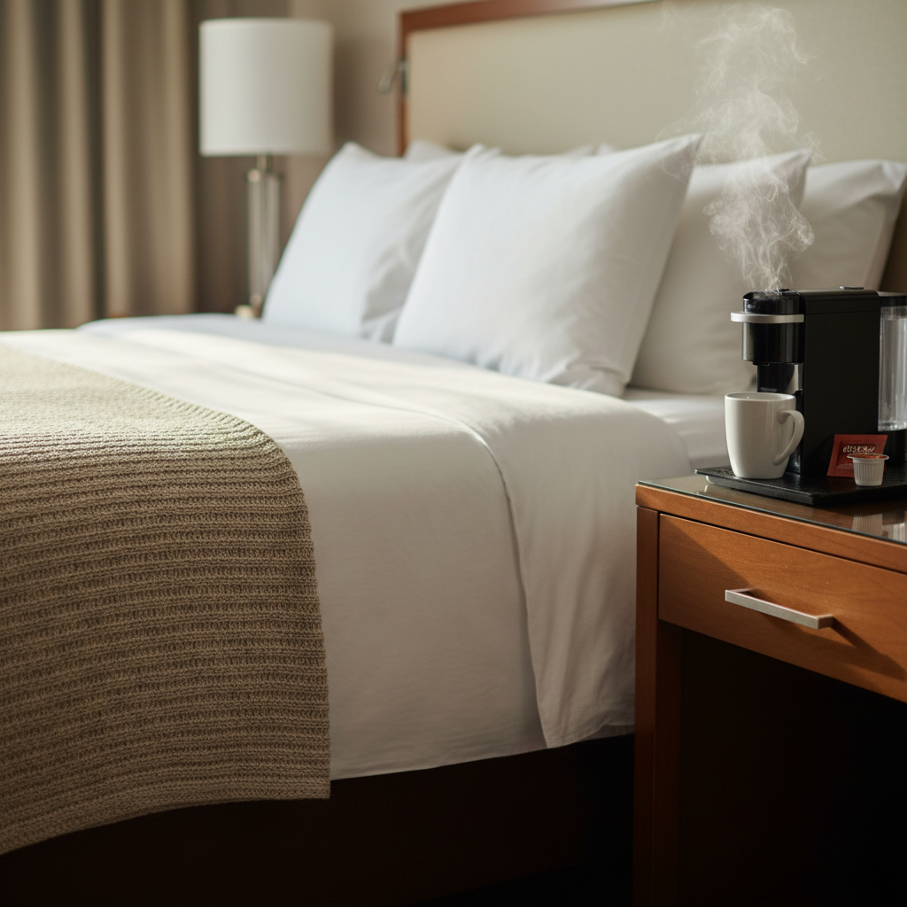 Close-up detail of hotel room amenities: crisp linens and in-room coffee, reflecting North Conway hotel rooms comfort