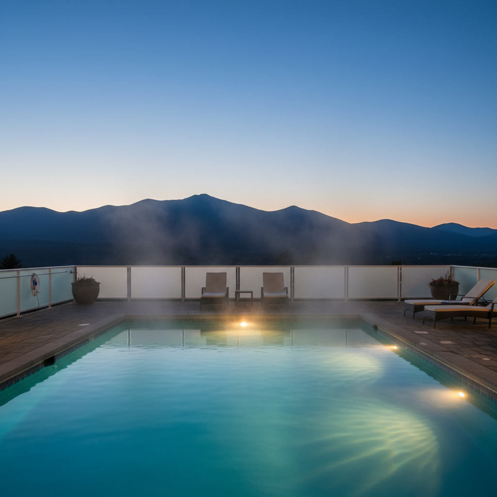 Evening view of a heated outdoor motel pool in North Conway with mountain silhouette, ideal amenity for hotel rooms