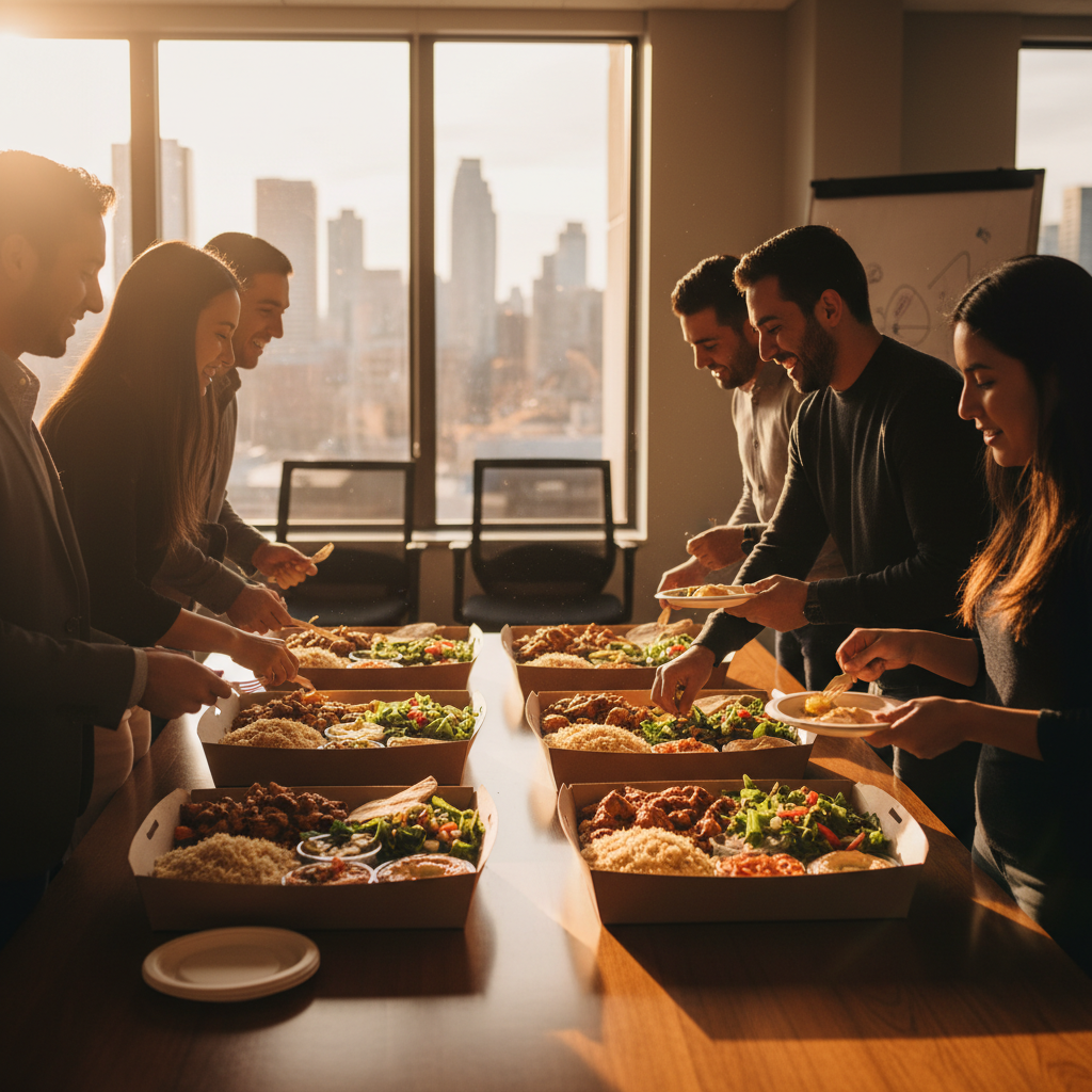 Office team sharing catered Mediterranean trays in Toronto, illustrating event food planning tips in action
