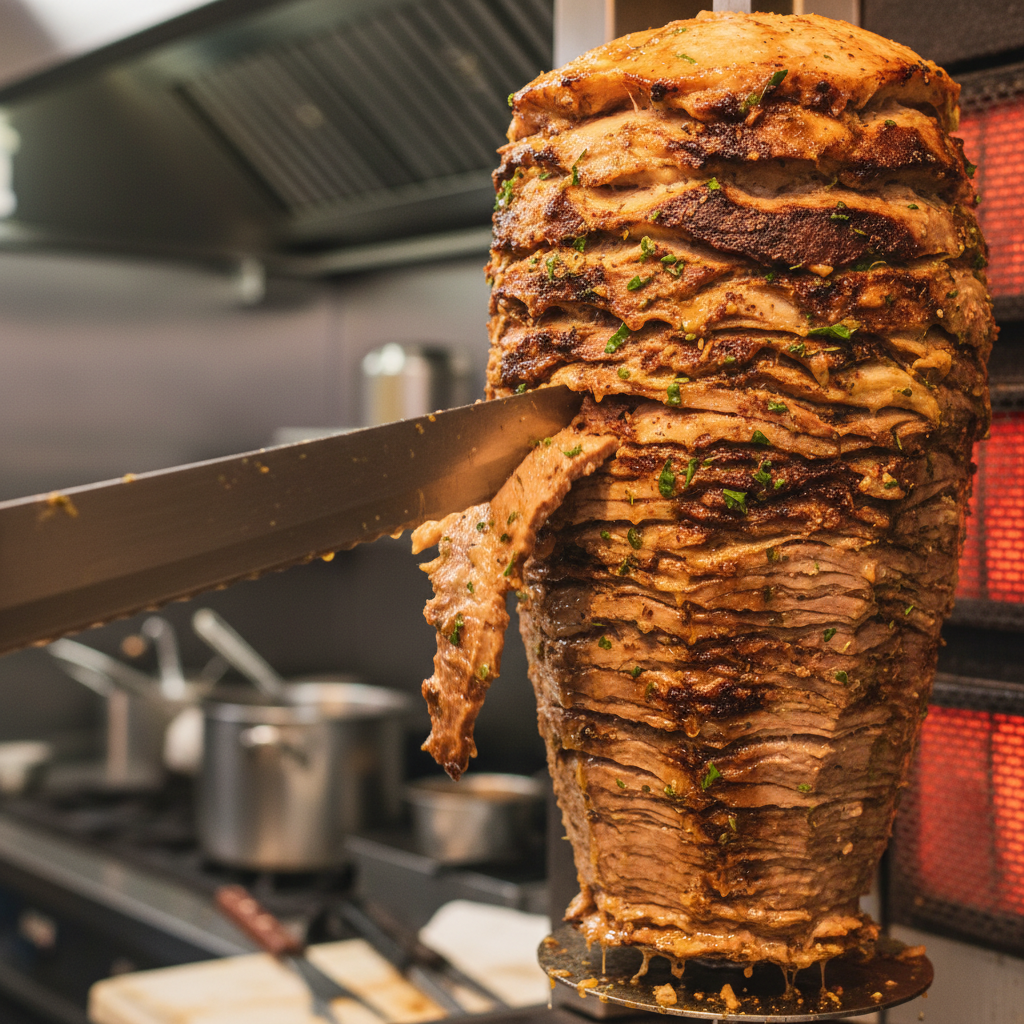 Close-up of shawarma carved from rotisserie, perfect for Toronto event food planning tips and menu building