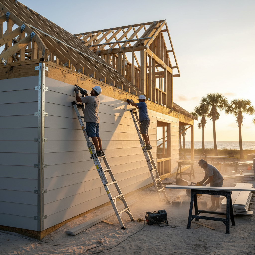 Coastal Texas home exterior under construction with fiber-cement siding and hurricane ties for wind-rated residential construction in Texas