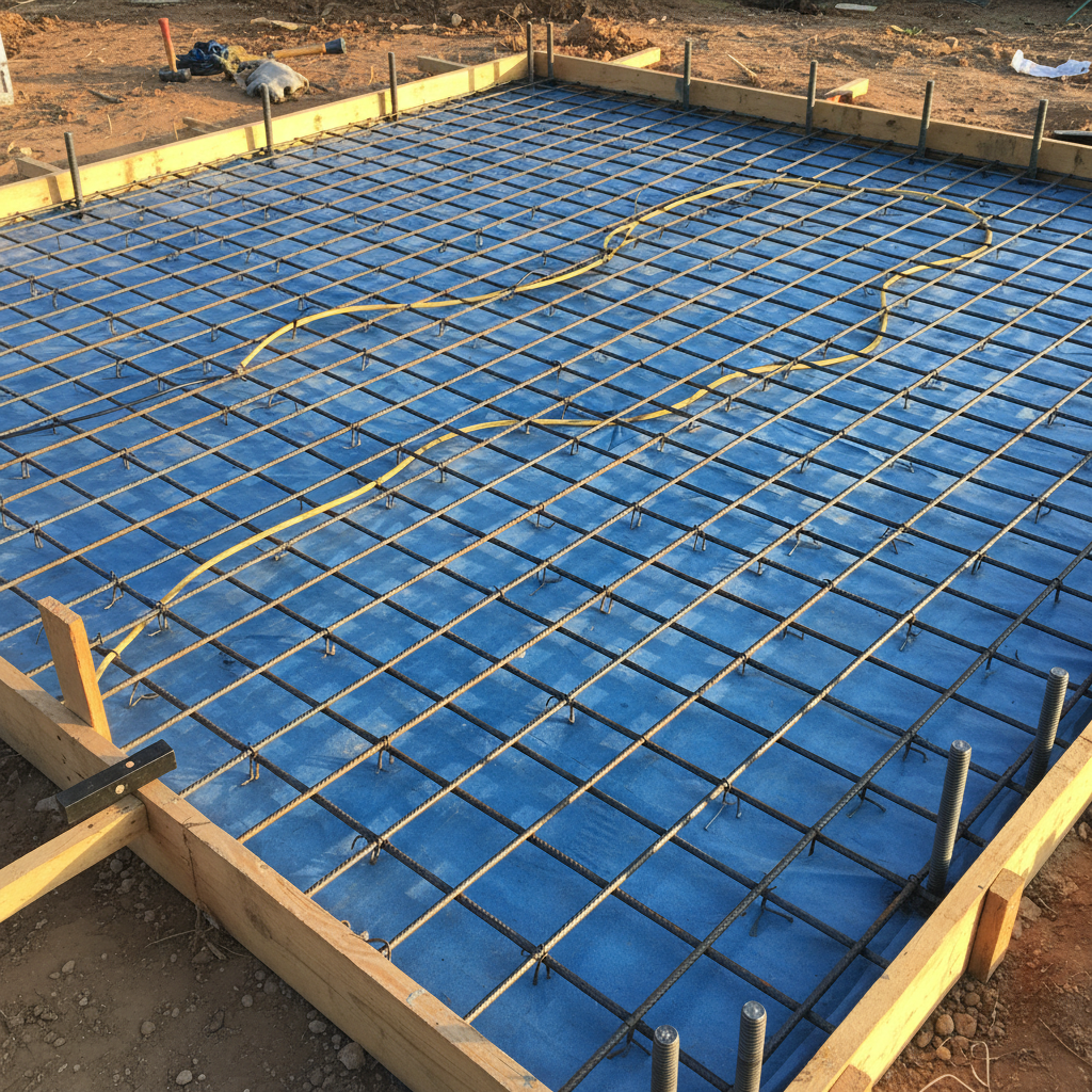 Detail of Texas residential construction foundation with post-tension slab, rebar, vapor barrier, and anchor bolts for wind and flood resilience