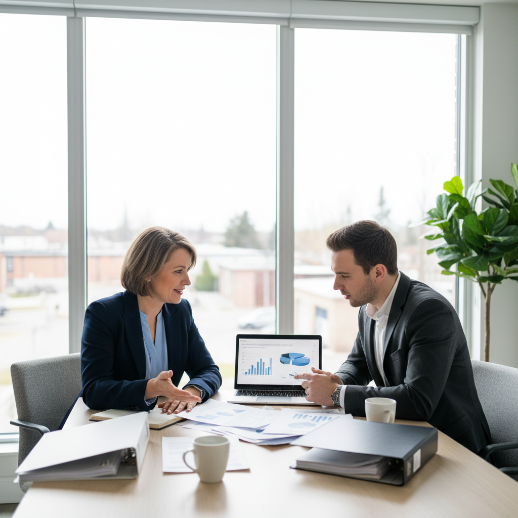 Ontario business owner meeting an insurance broker in a modern Whitby office to review commercial coverage and lower business insurance cost in Ontario