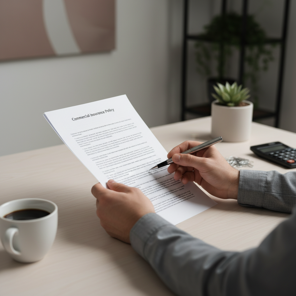 Close-up of hands reviewing a commercial insurance policy schedule and endorsements to compare Ontario business insurance options