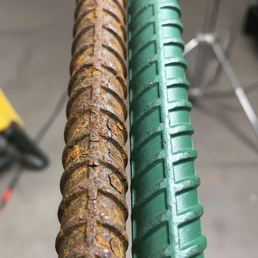 Close-up detail of epoxy coated rebar vs black steel from reinforcing bar suppliers