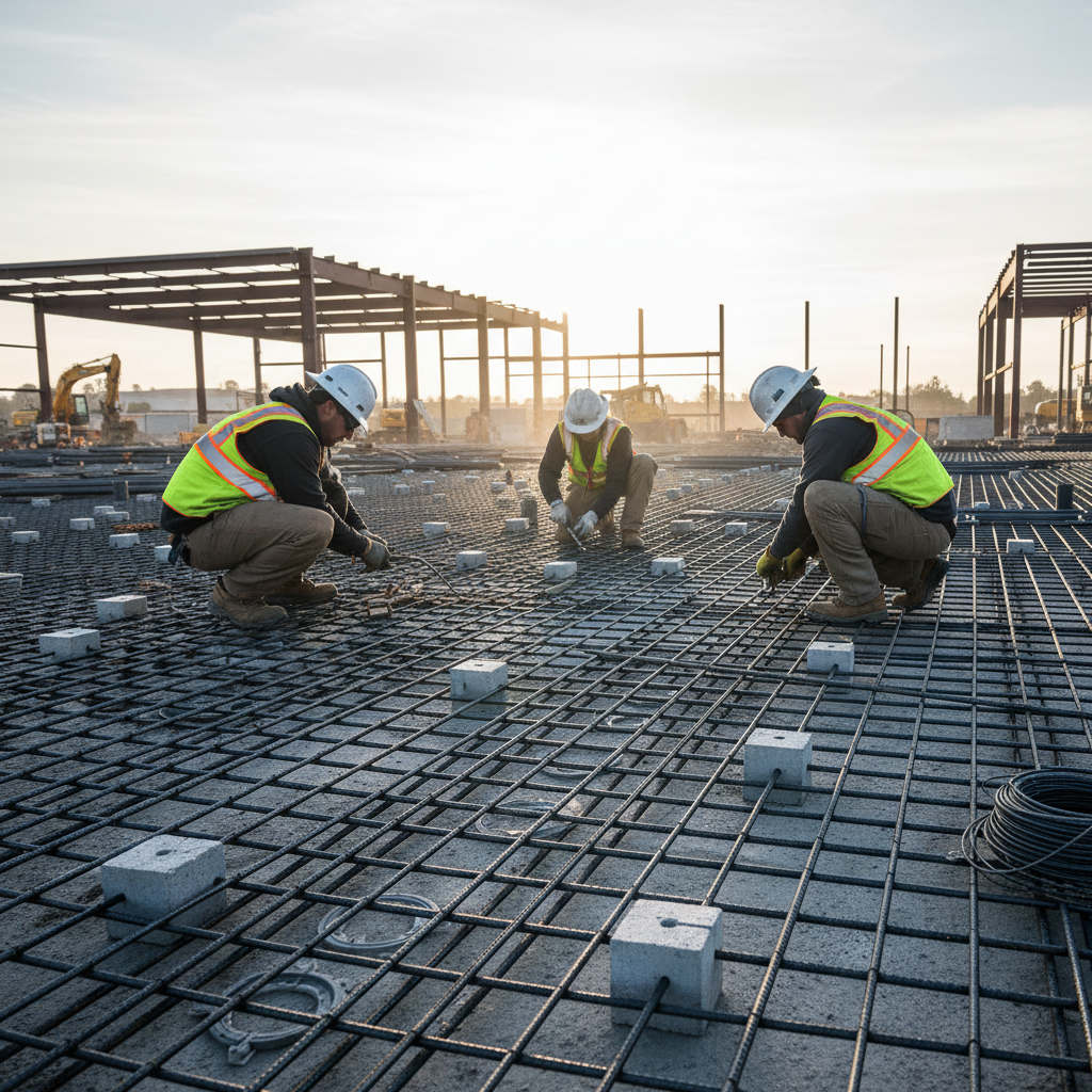 Ironworkers tying a rebar mat staged by a reinforcing bar supplier for a commercial slab