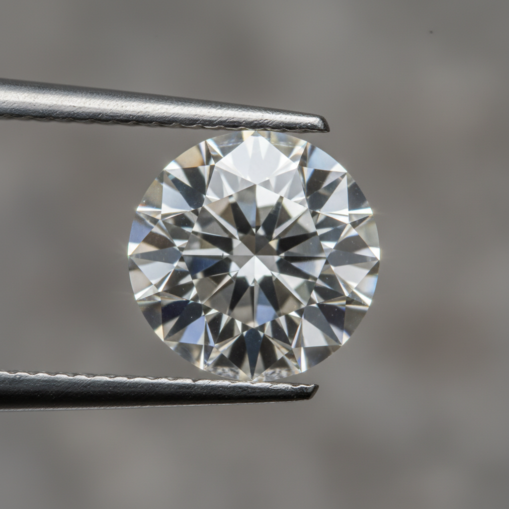 Macro close-up of a round brilliant lab-grown diamond showing 58 facets and exceptional fire for Diamond2Deal jewelry buyers in the United States