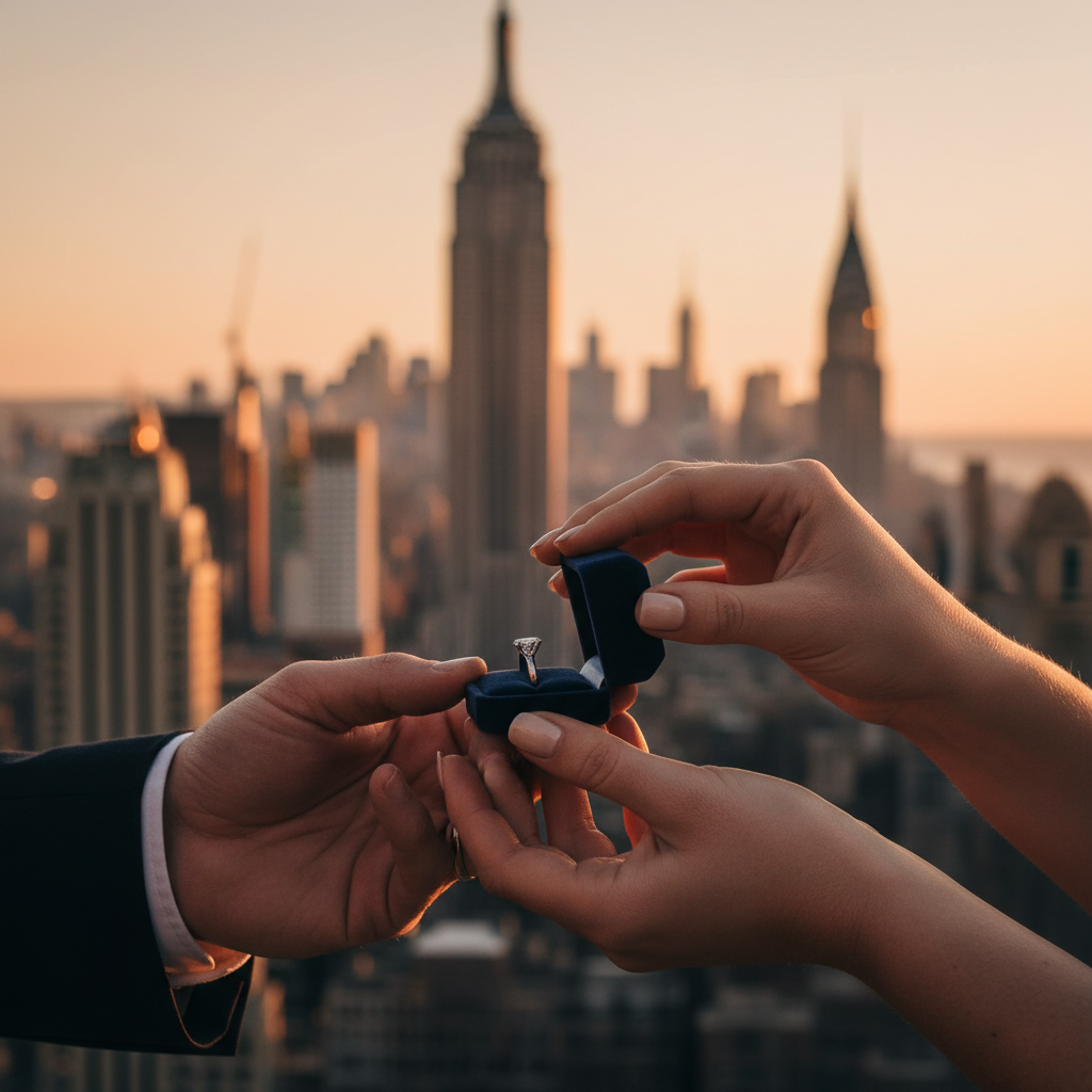 Candid Manhattan proposal moment at golden hour with a diamond engagement ring box opening, showcasing Diamond2Deal’s engagement ring expertise