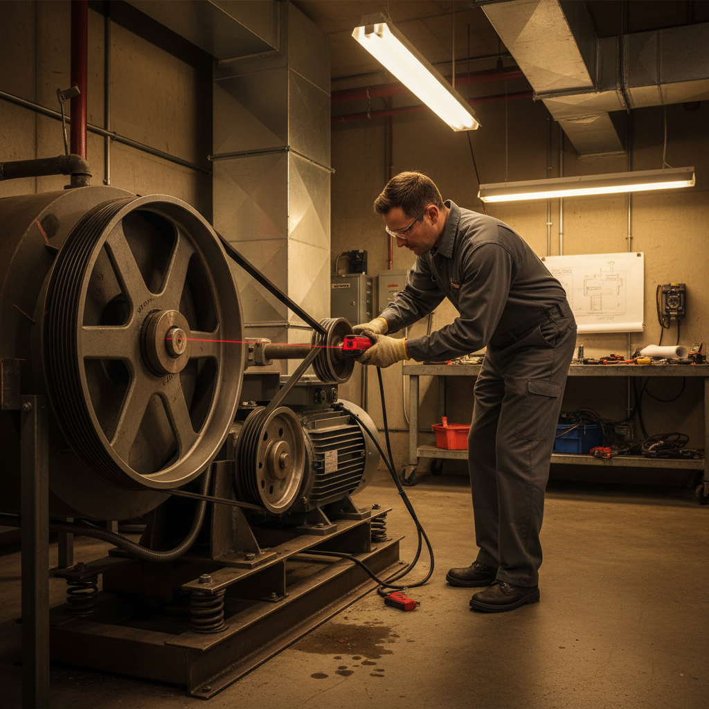 Technician aligning kitchen exhaust fan belt drive using a laser tool during change fan belt procedure