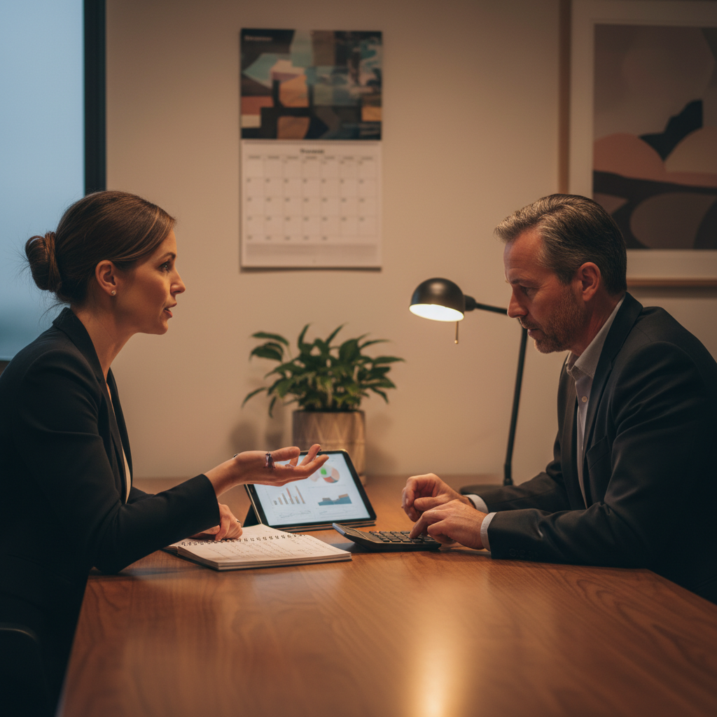 Meeting between a small business owner and Parramatta tax advisor discussing business tax services and quarterly planning