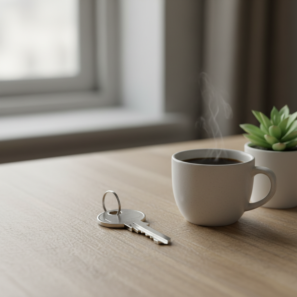 Close-up of house key beside coffee mug symbolizing mortgage readiness using a realtor mortgage calculator