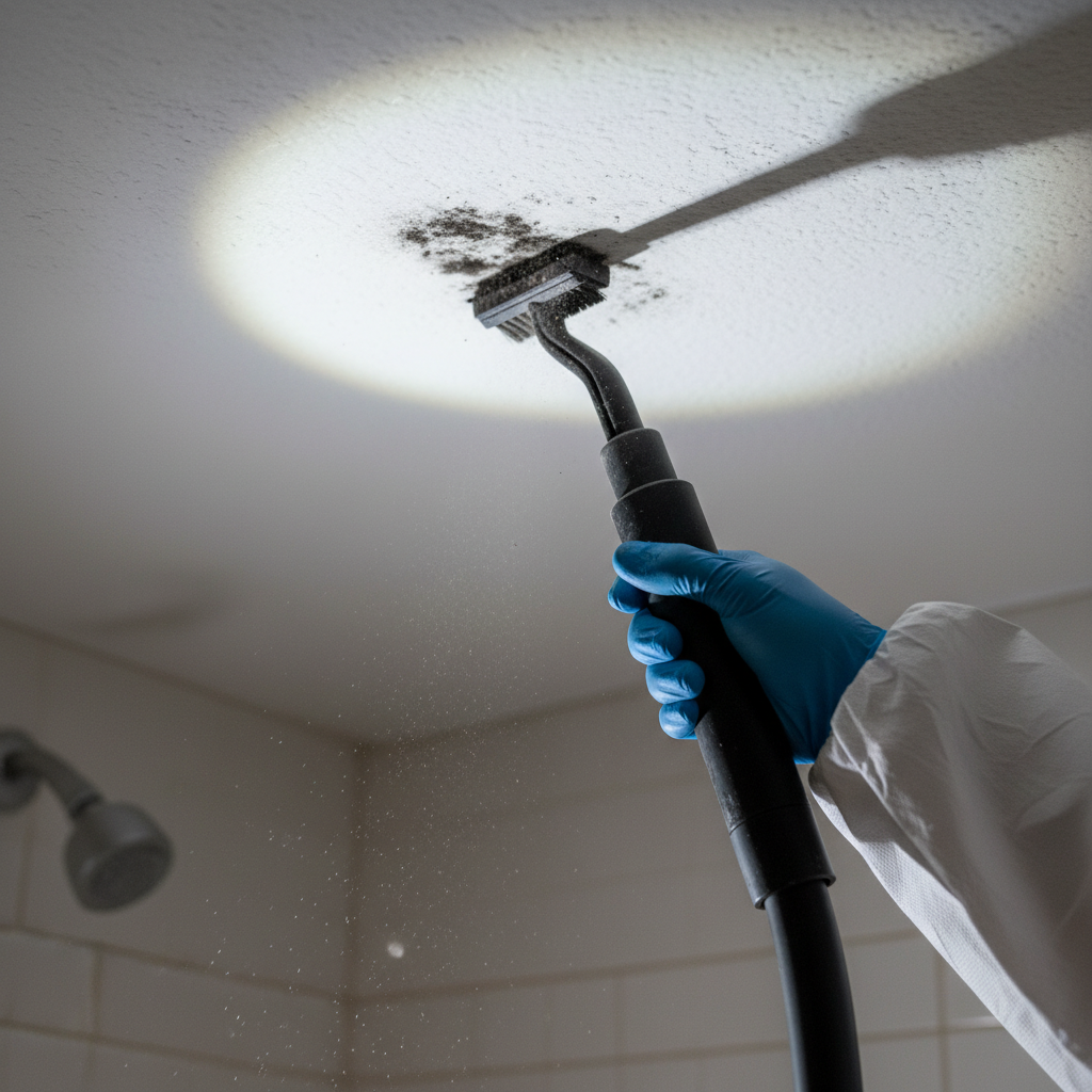 Close-up of professional using HEPA vacuum to clean black mold on a bathroom ceiling safely