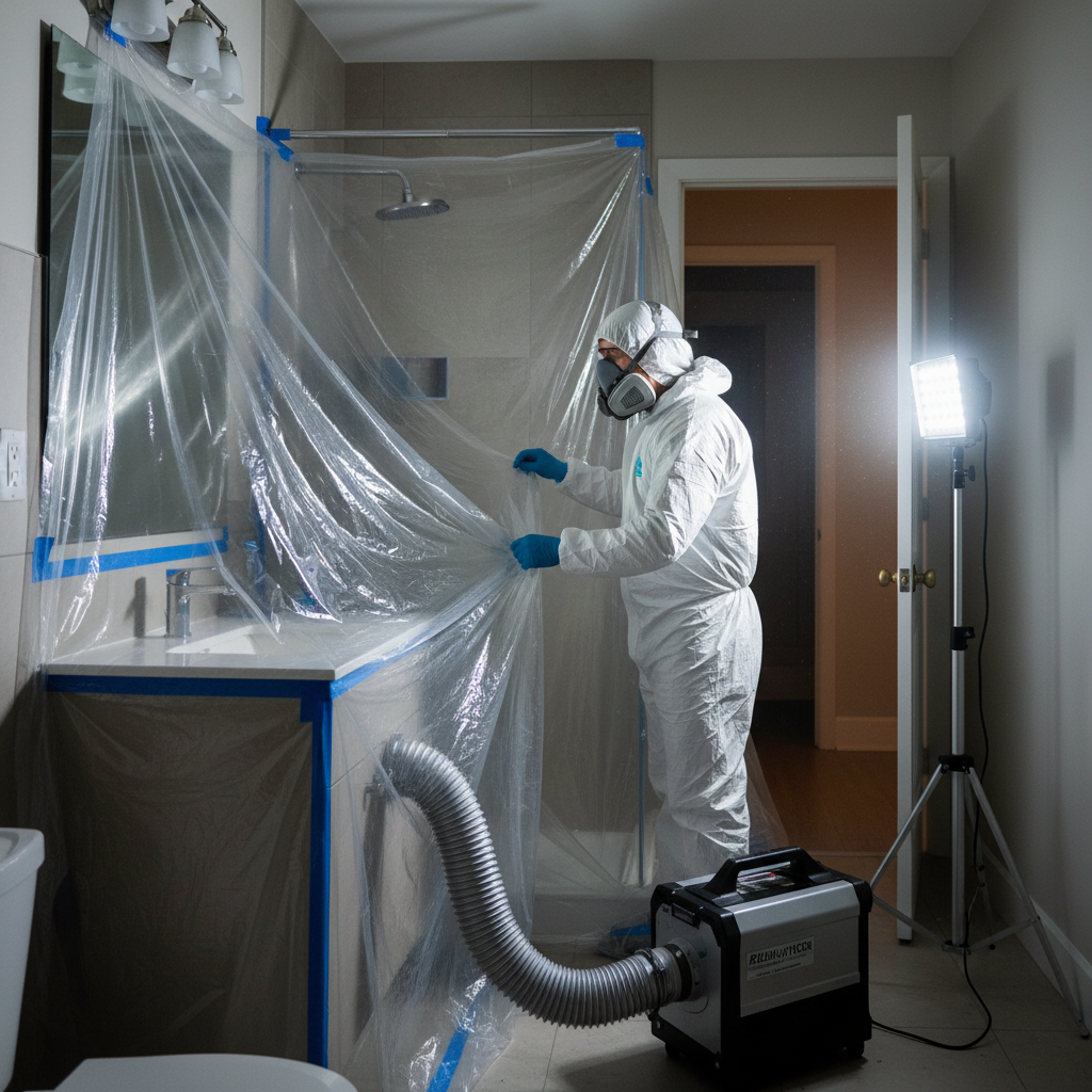 Technician setting up plastic containment and a negative air scrubber in a residential bathroom before mold removal