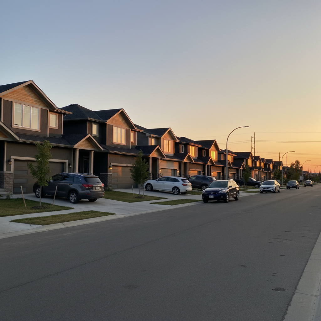 Edmonton suburban neighborhood street at sunset reflecting home search after using a realtor mortgage calculator