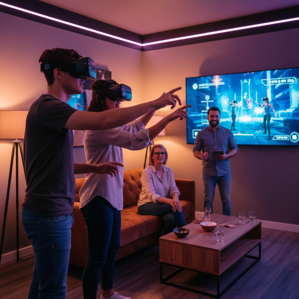Friends and family collaborating in a VR escape room party with spectators watching on a large TV in The Next Level’s party room