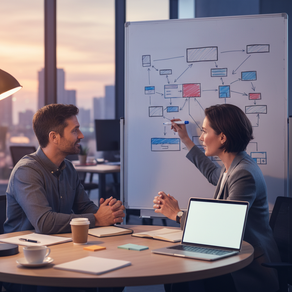 Mentor coaching a professional on PfMP vs PgMP preparation in a modern Mississauga office