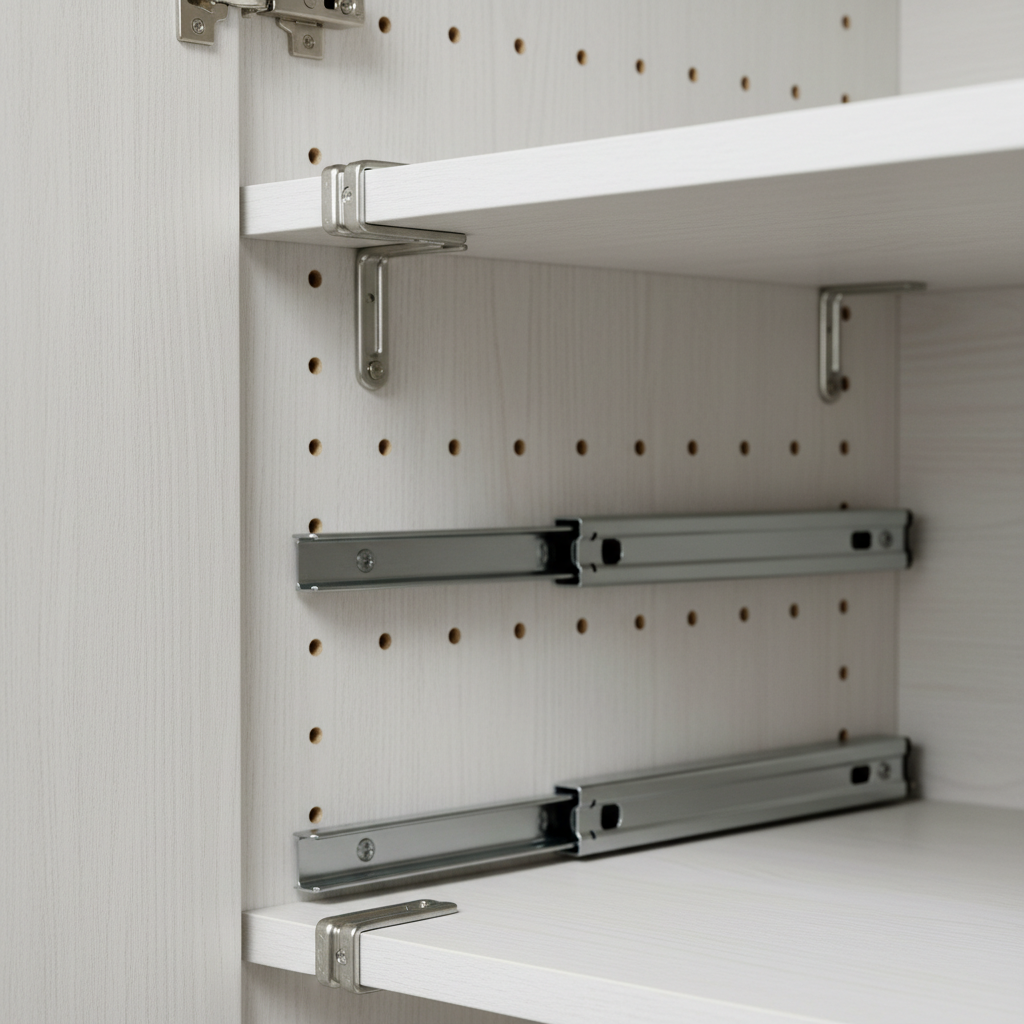 Adjustable Closet Organizers: Save Space & Stay Neat in 2026 1 Close-up of an adjustable closet organizer system showing shelf pin holes, brackets, and soft-close drawer slides in a custom closet