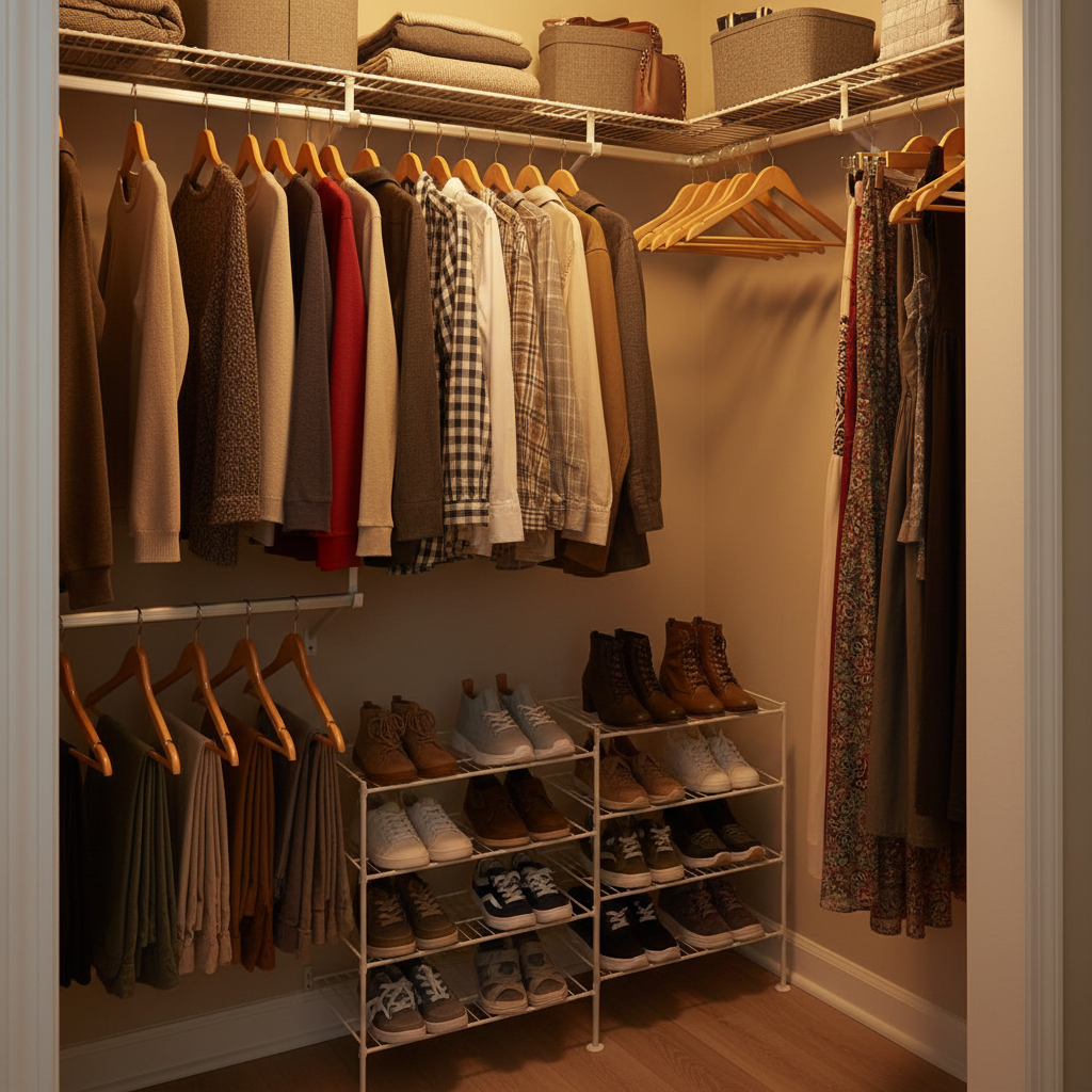 Adjustable Closet Organizers: Save Space & Stay Neat in 2026 2 Rail-mounted adjustable closet organizer in a small condo reach-in with double-hang, long-hang, and shoe shelves, designed for flexible storage