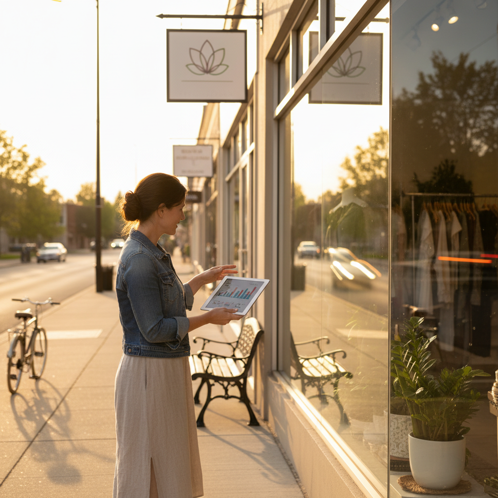 Small business owner outside a suburban storefront using a tablet to review SEO performance improvements