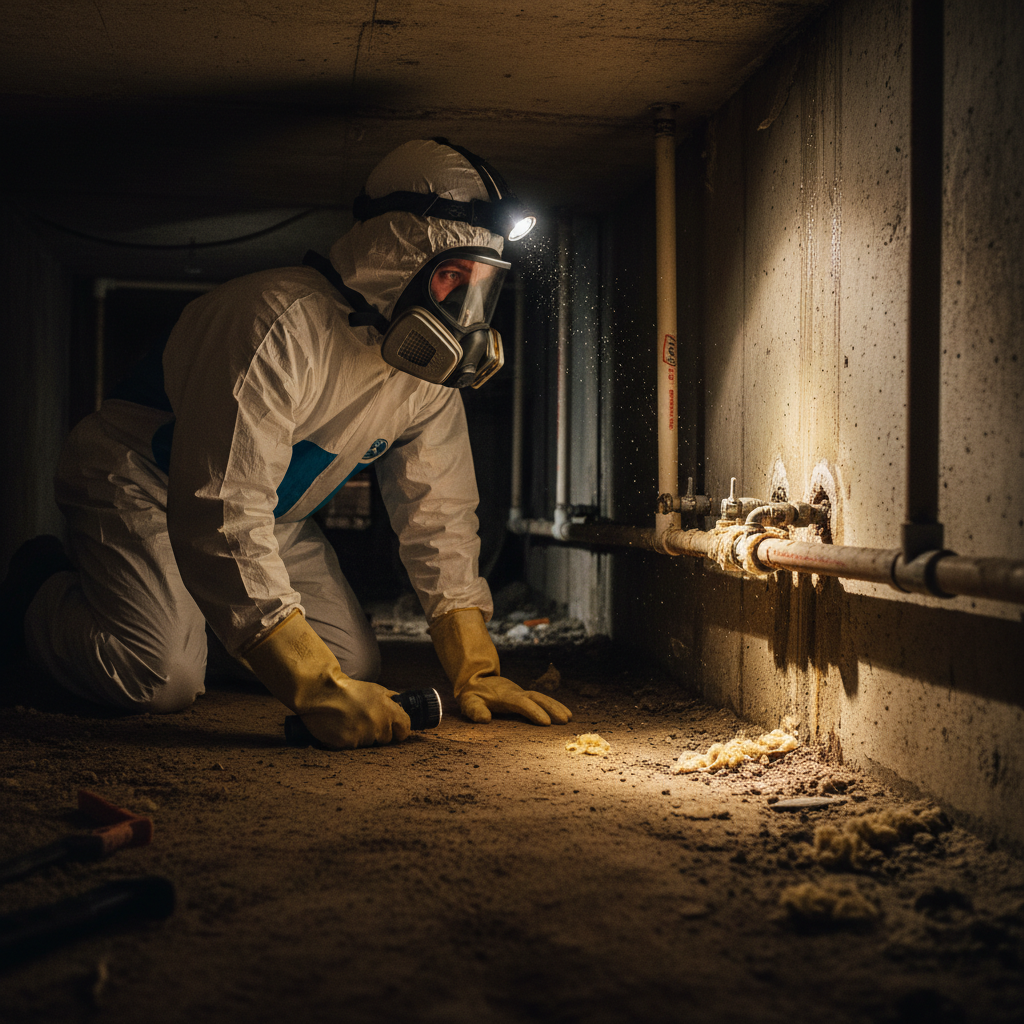 Technician with headlamp inspecting plumbing penetrations in a low crawl space during a professional home inspection