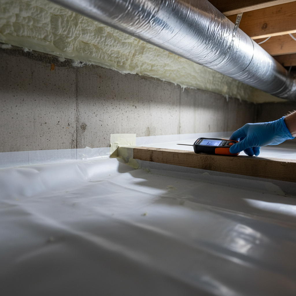 Crawl space inspection moisture meter on joist with sealed vapor barrier and insulated rim joist