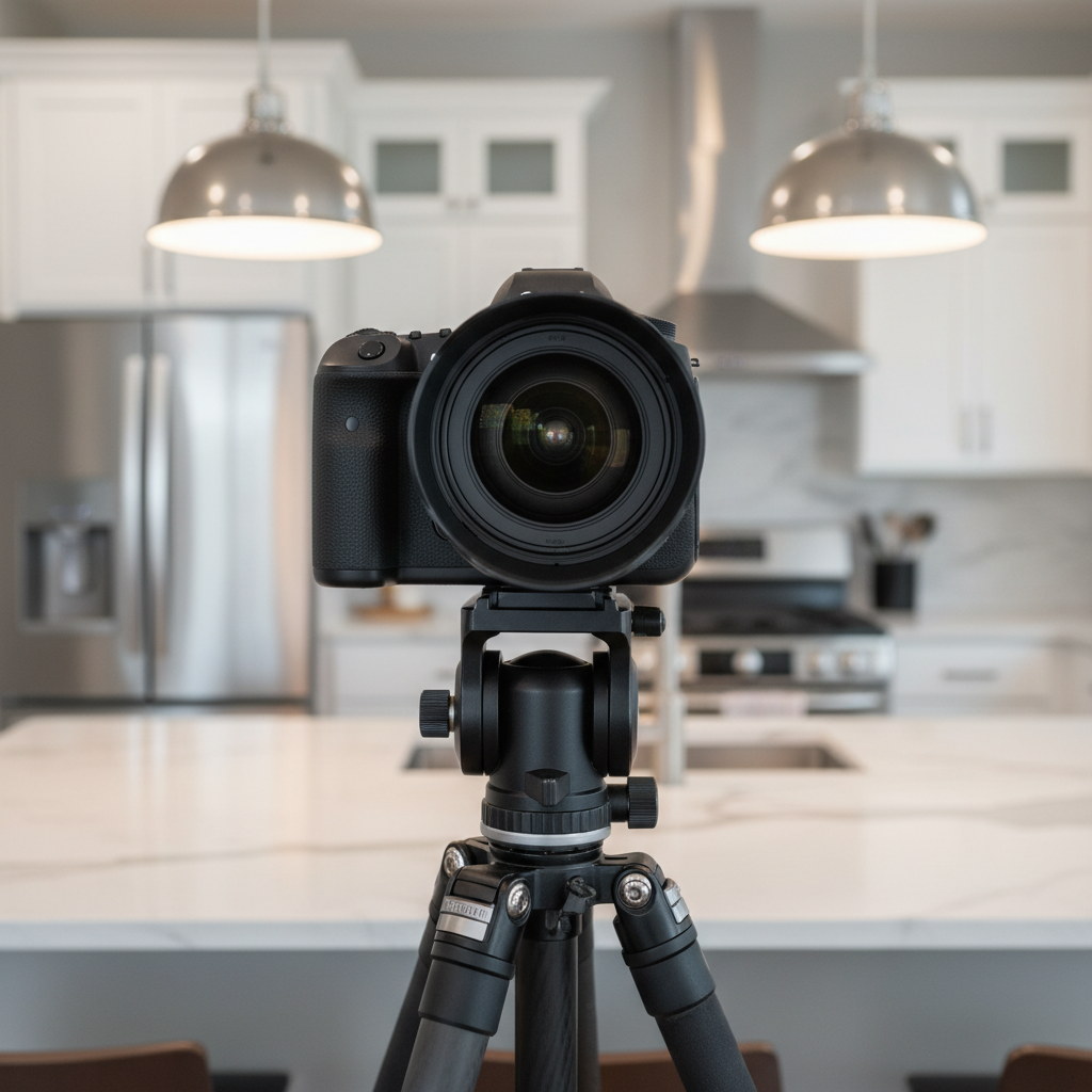 Close-up of DSLR on tripod capturing bright kitchen interior for real estate listing photography in Maple Ridge, showing lens detail and controlled lighting