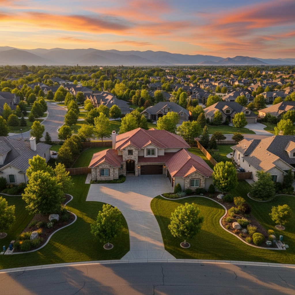 Aerial drone view of suburban Maple Ridge property at golden hour used in real estate listing to show lot lines and neighborhood context