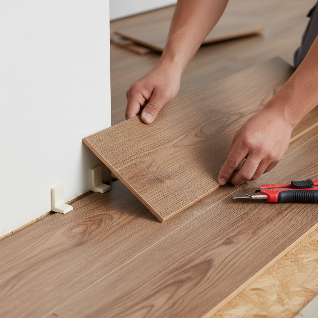 Close-up of click-lock vinyl plank flooring being installed during an apartment turnover process