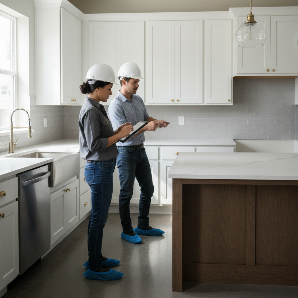Final walkthrough during a unit turnover: supervisor with tablet checklist verifying a clean, move-in-ready apartment kitchen