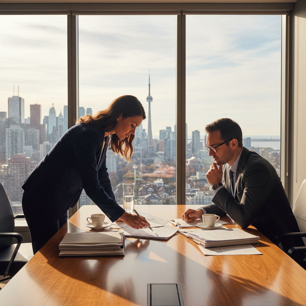 Lawyer and client reviewing affidavit documents in an Etobicoke office overlooking Toronto skyline