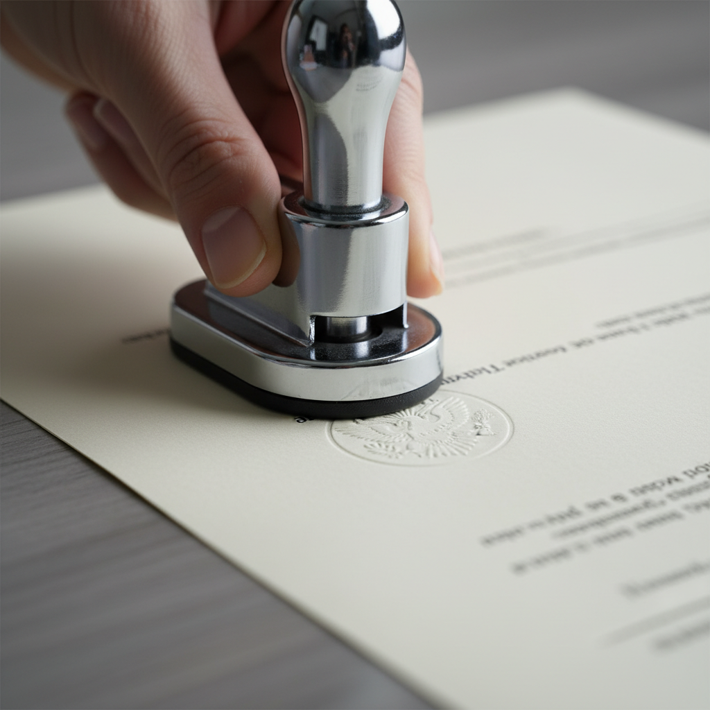 Close-up notary embosser sealing an affidavit document in a Toronto law office