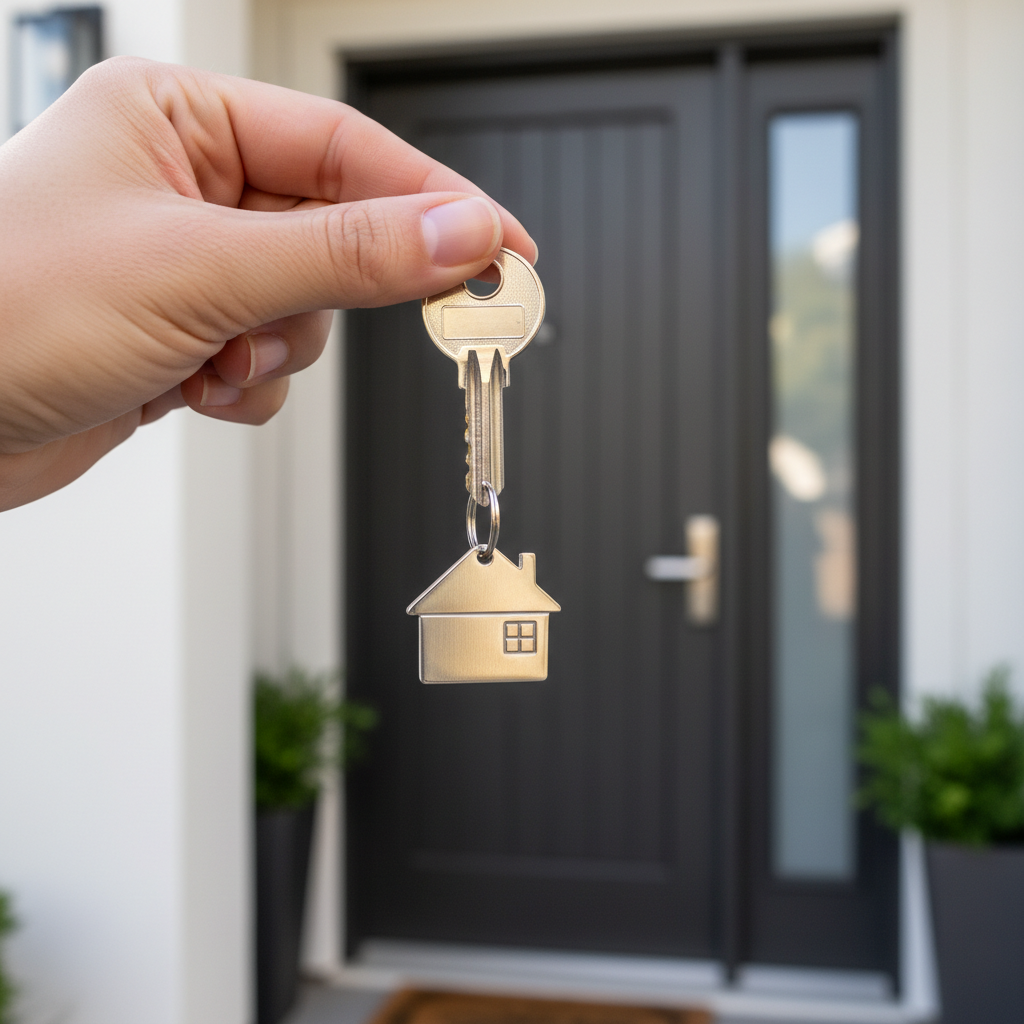 Surrey market report for buyers concept: close-up of new homeowner key at a modern Surrey townhouse