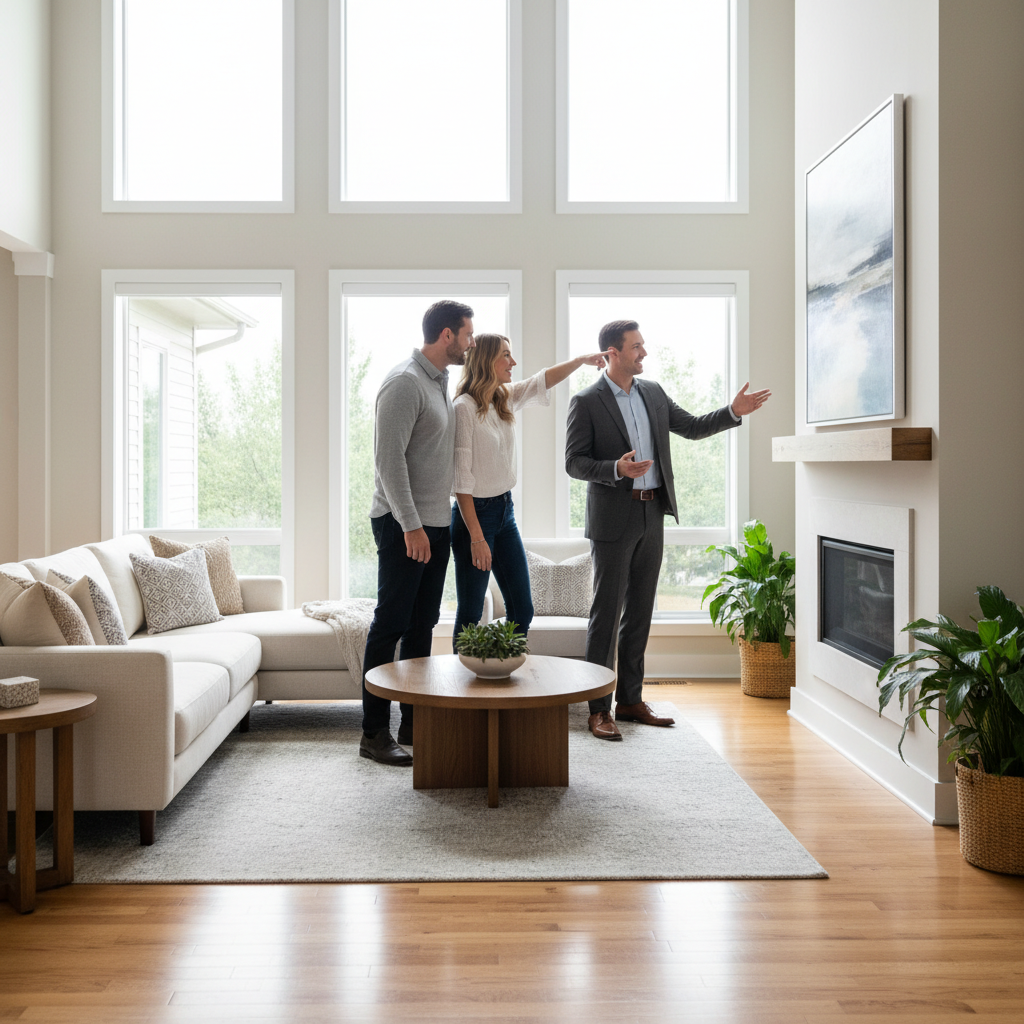 Surrey buyer tour with agent: open-concept living room showing staging and natural light for market evaluation