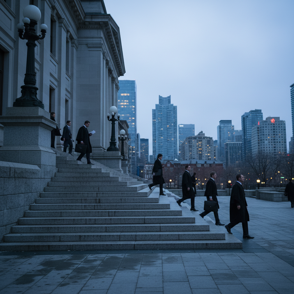 Toronto courthouse steps at dusk, symbolizing litigation path for a divorce attorney in Toronto versus mediation or collaborative options