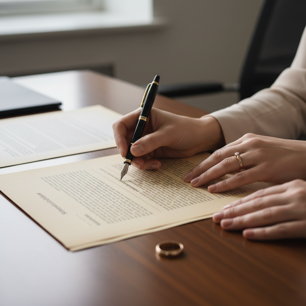Close-up of hands signing a separation agreement with a Toronto divorce attorney; legal documents and wedding ring visible, illustrating Ontario family law paperwork