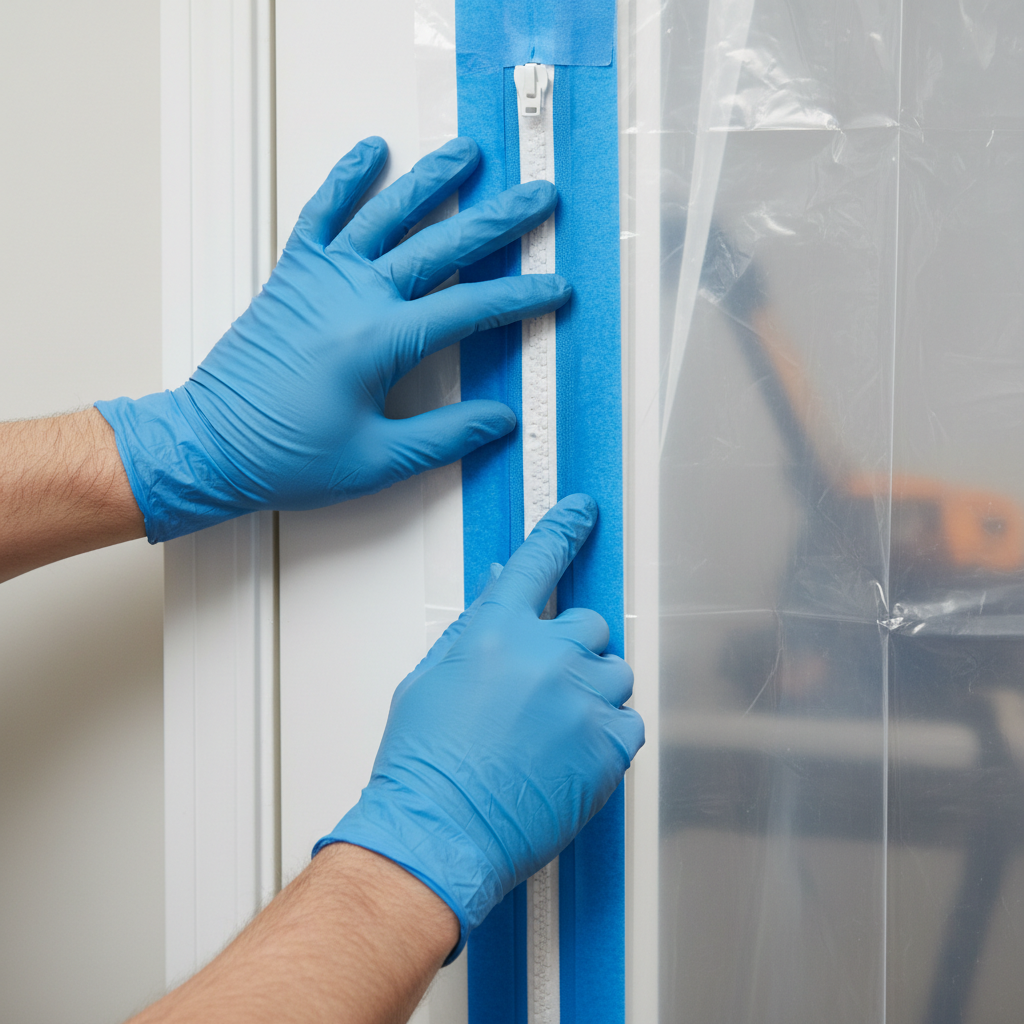 Close-up of containment zipper door sealing during emergency stabilization in an occupied apartment building