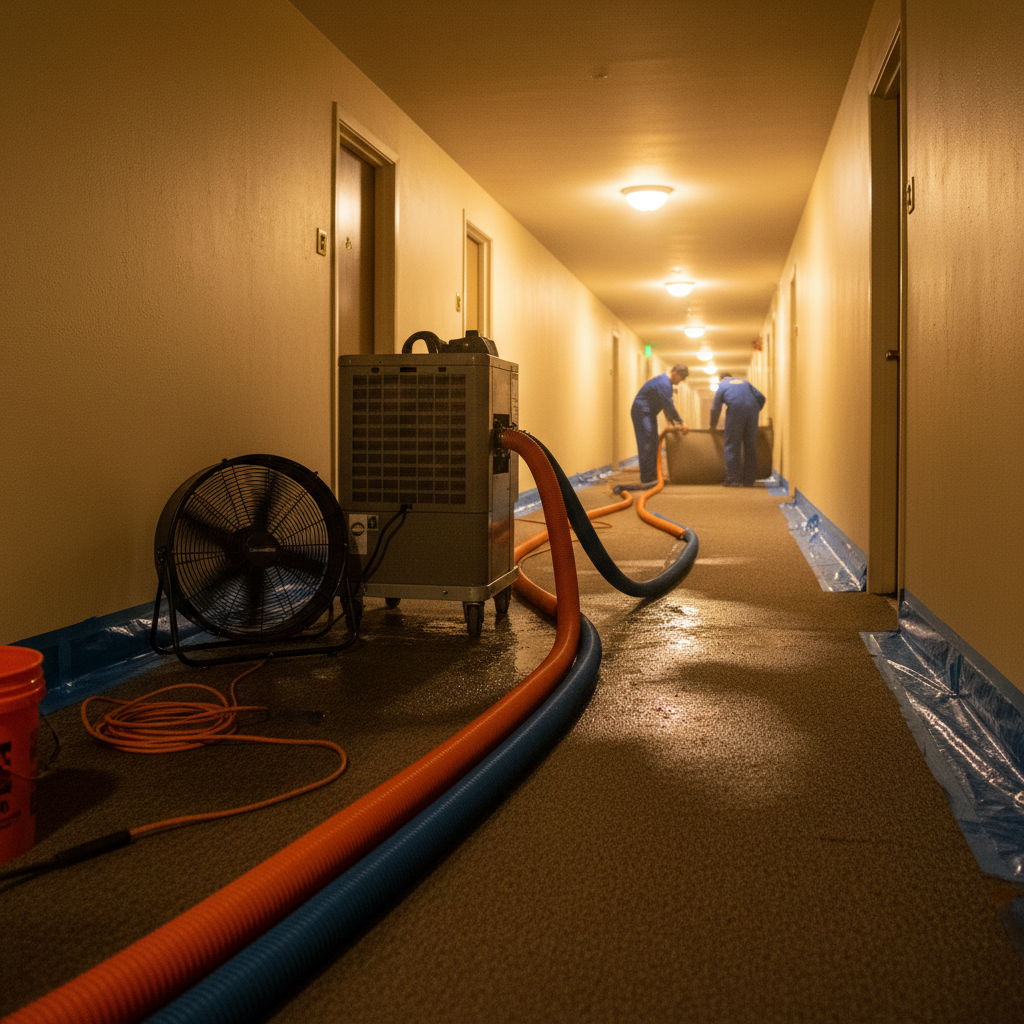 Water mitigation scene in a multi-unit hallway with dehumidifiers and air movers during occupied building stabilization