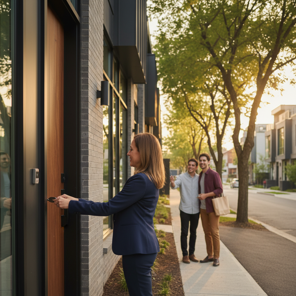 Realtor opening a modern Mississauga townhouse for a private showing during golden hour