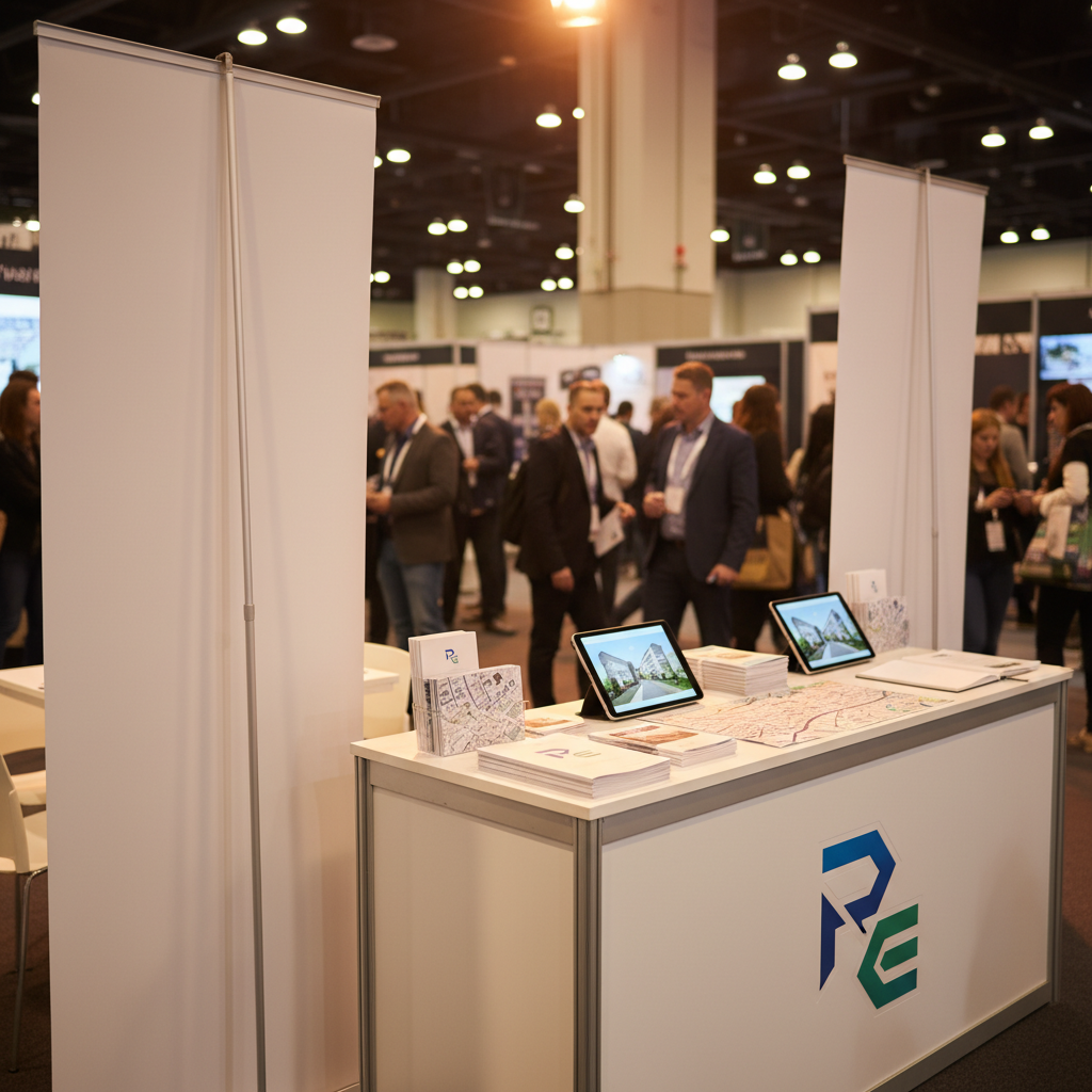 Indoor roll-up banners at a real estate booth, illustrating portable hardware that influences agent banner planning