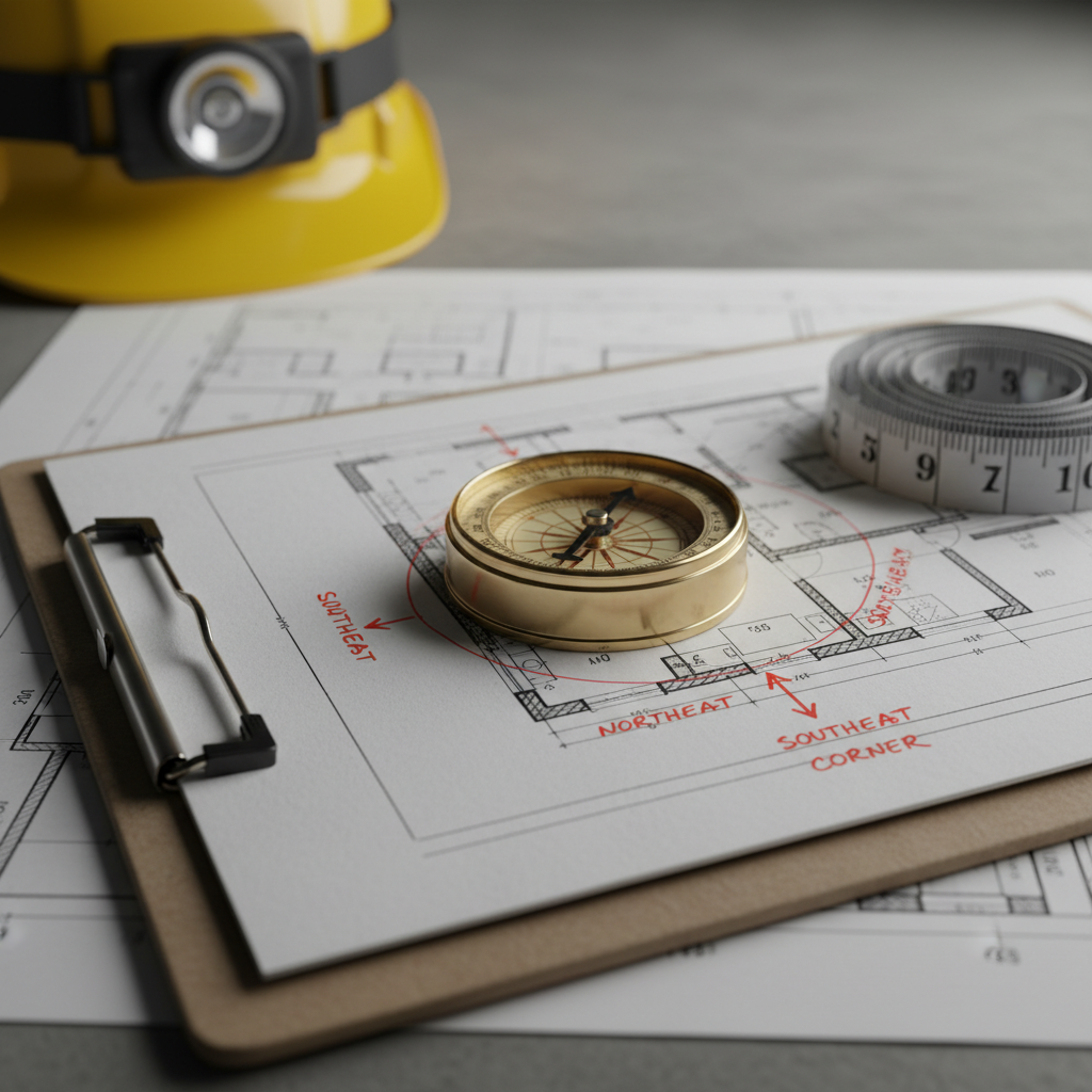 Close-up of factory Vaastu planning tools: compass and layout for industrial zones