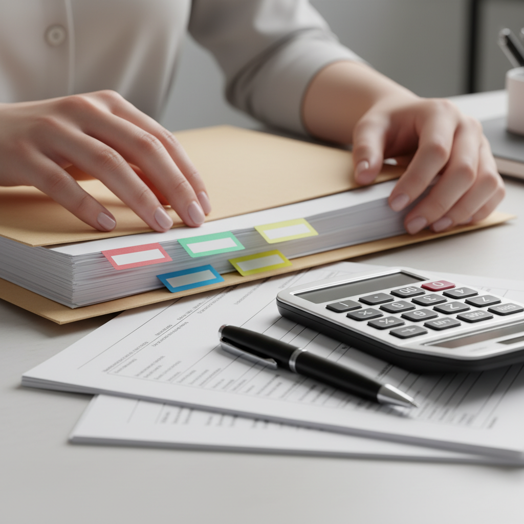 Close-up of organizing funding documents with color-coded tabs for how to get business funding applications