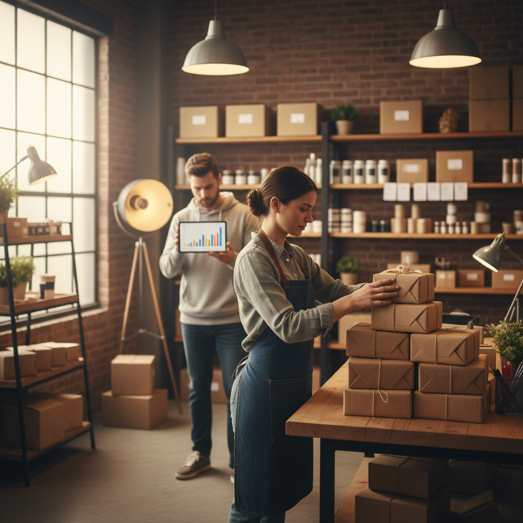 Toronto entrepreneur preparing products while a teammate reviews a tablet to plan grants, loans, and public contracts