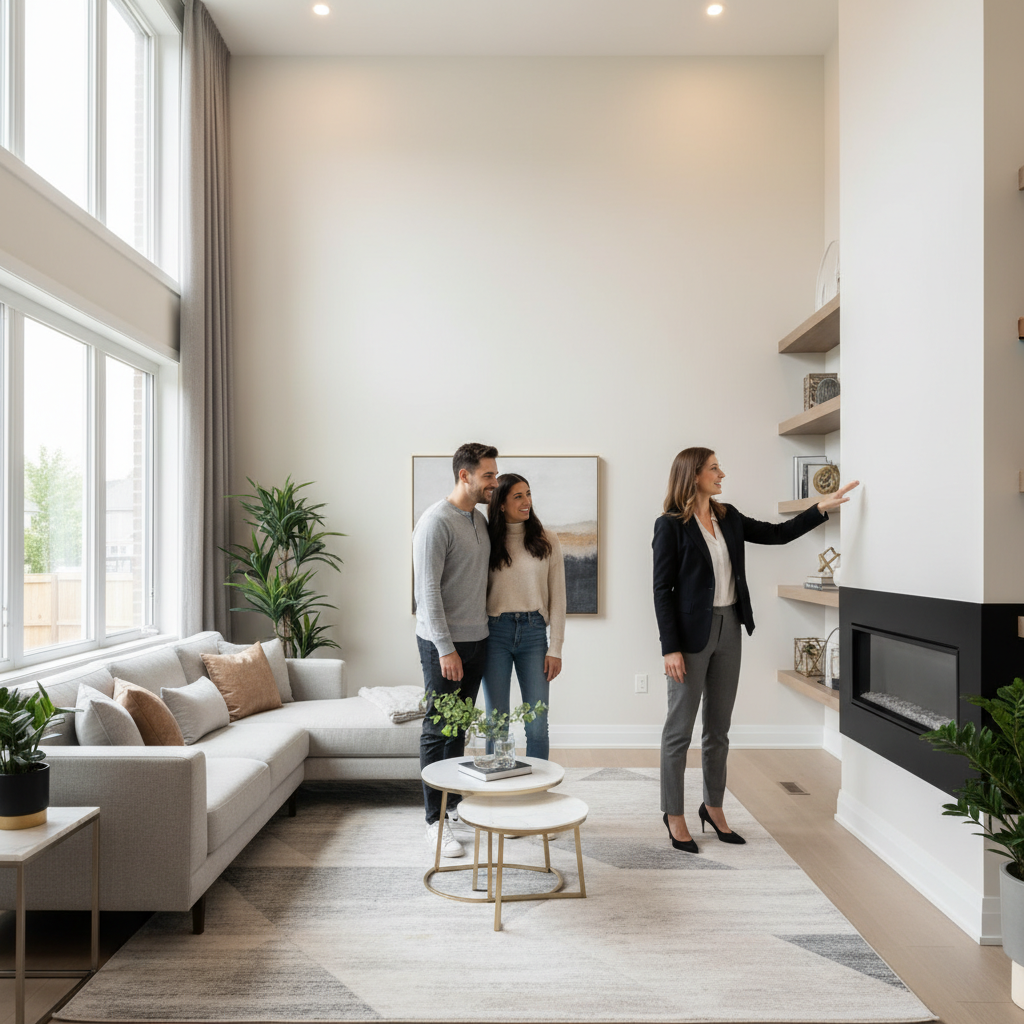 Real estate agent guiding buyers through a bright Brampton living room during a Peel Region home search tour